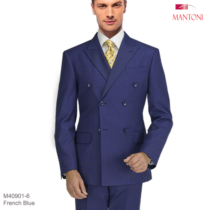 Mantoni French blue double-breasted suit. Crafted from wool, it features a 6-button front, notched lapels, and two flap pockets. Tailored for a fitted shape.