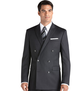 Mantoni double-breasted black-grey wool suit by Albertonardoni. Structured blazer with tailored fit, standard lapels, and dual-row buttons. Features an open breast pocket and vertical texture. Modern silhouette, precise stitching.
