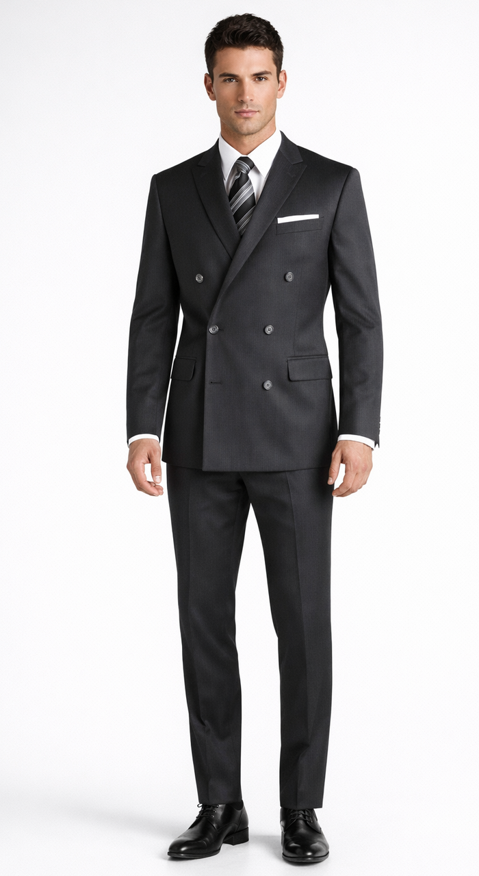 Mantoni double-breasted black-grey wool suit. Tailored fit, structured silhouette, six-button closure. Notched lapel, matching trousers. Fine wool with subtle texture. Modern black & grey blend.
