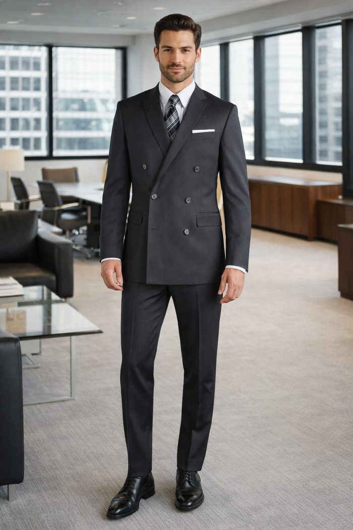 Mantoni double-breasted suit. Dark grey wool with tailored silhouette, sharp lapels, and straight-leg trousers. Features a white pocket square. Formal attire, completed with black dress shoes.
