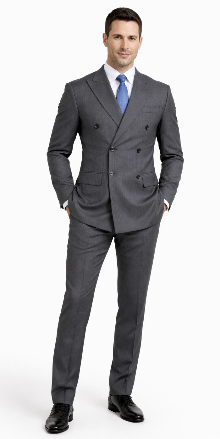 Mantoni double-breasted grey wool suit with subtle pinstripes. Structured, fitted silhouette. Features two rows of buttons, side pockets, and a tailored, slightly tapered pant leg.
