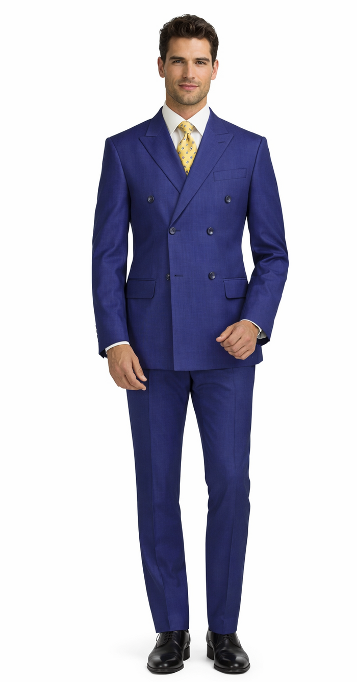 Mantoni double-breasted navy wool suit. Tailored design, featuring two rows of buttons and straight-leg trousers. Classic style in a vibrant fabric.
