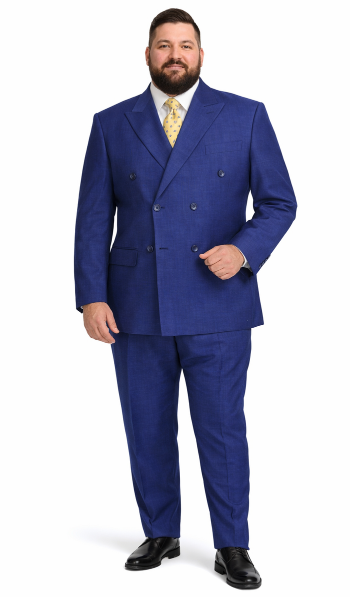 Navy double-breasted wool suit. Structured blazer: wide lapels, two rows of buttons. Matching trousers. Subtle textured fabric.
