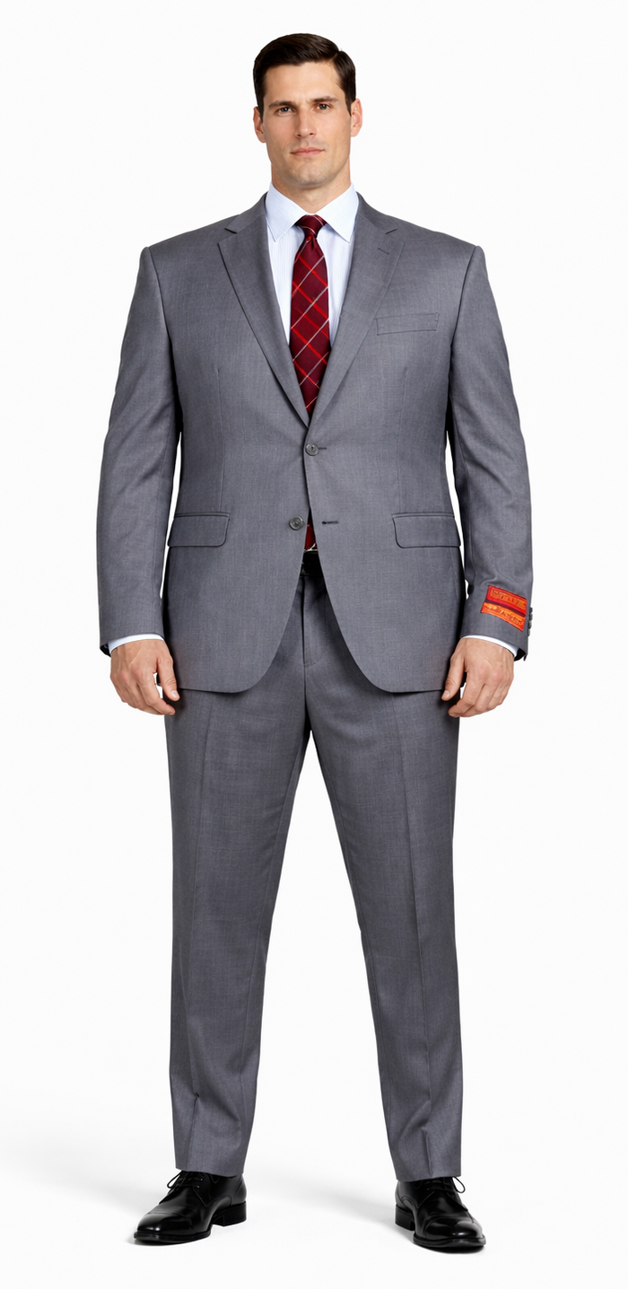 Mantoni gray super wool suit by Albertonardoni. Structured, tailored fit. Jacket: notched lapel, two pockets, single vent. Pants: straight leg. Fine, smooth wool with subtle checks. Medium gray. Versatile for various occasions.
