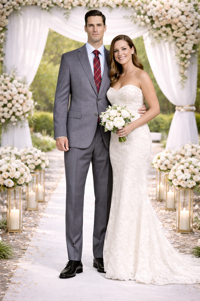 Albertonardoni Mantoni gray super wool suit. Tailored fit, two-button, notched lapel, and side pockets. Fine wool blend with subtle texture. Solid gray color. Straight-cut trousers with a crease for a formal look.

