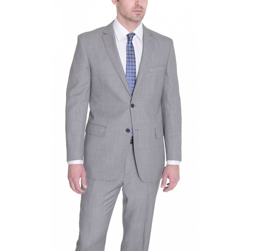 Mantoni light gray wool suit with a modern/slim fit. Textured wool with a subtle pattern. Features a two-button jacket, notch lapels, chest pocket, and straight-leg trousers.
