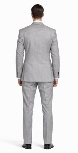 Mantoni light gray wool suit: modern/slim fit, two-button. Features a clean silhouette, single vent. Includes structured shoulders, notch lapel. Tailored trousers. Smooth wool texture.
