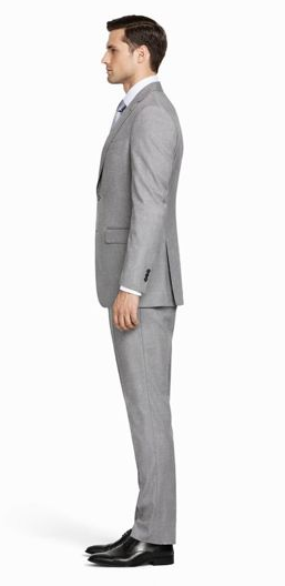 Mantoni light gray wool suit with slim fit, smooth finish. Two-button jacket with single vent. Flat front pants. Classic, tailored style.
