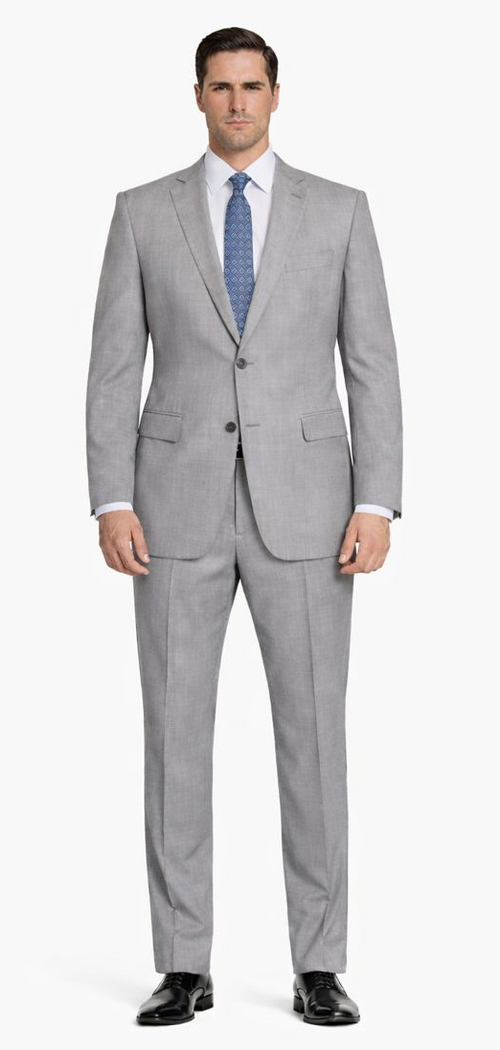 Mantoni light gray wool suit: modern/slim fit, two-button jacket with notched lapel and two pockets. Straight-leg trousers. Light gray color.
