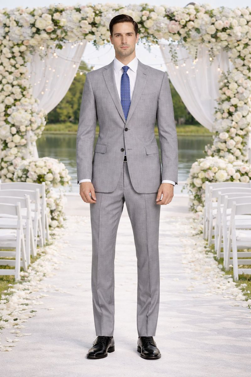 Mantoni light gray wool suit: modern/slim fit, notched lapel, two pockets. Paired with white shirt, blue patterned tie, straight-cut trousers. Sleek, contemporary style.
