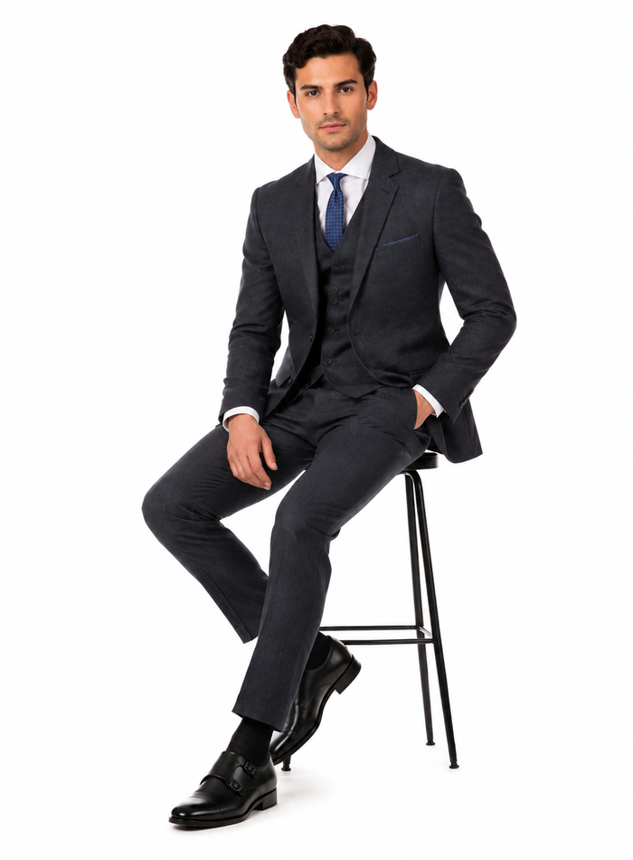 Marc Darcy Dion Teal Blue Tweed Slim Fit Wedding 3-Piece Suit Herringbone Fabric