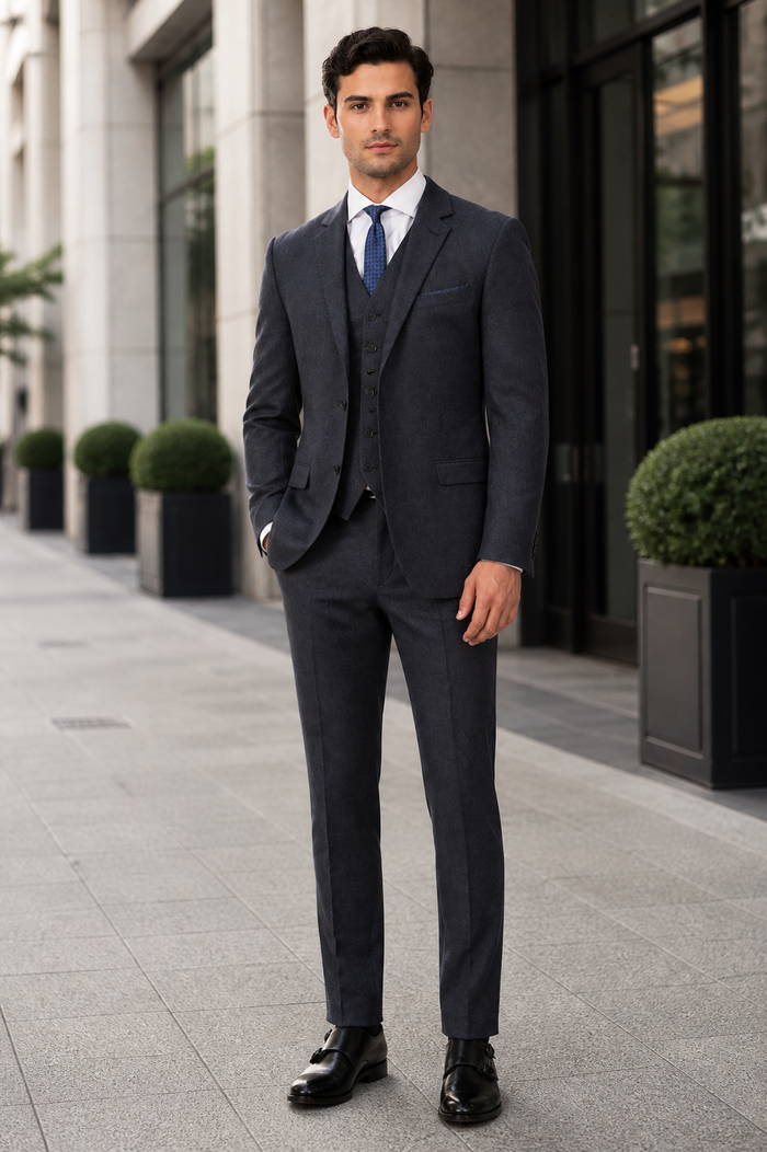 Marc Darcy Dion Teal Blue Tweed Slim Fit Wedding 3-Piece Suit Herringbone Fabric