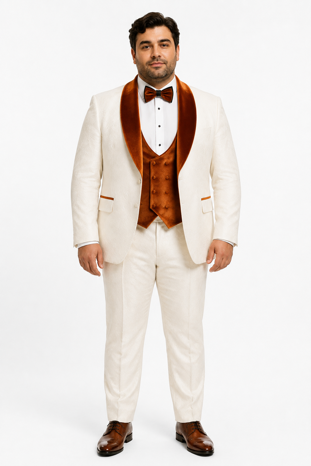 Marco Lorenzo Premium Paisley Burnt Orange Velvet 4pc Suit W/ Matching Bowtie