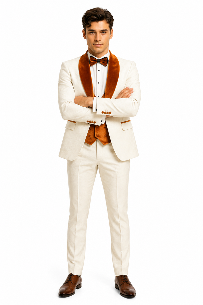Marco Lorenzo Premium Paisley Burnt Orange Velvet 4pc Suit W/ Matching Bowtie