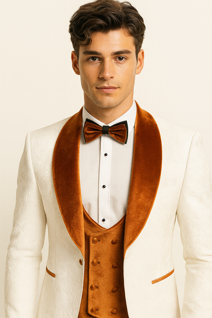 Marco Lorenzo Premium Paisley Burnt Orange Velvet 4pc Suit W/ Matching Bowtie