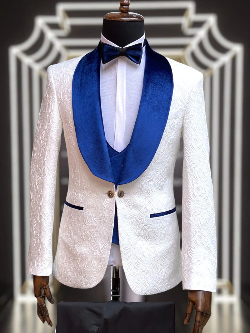 Wedding Premium Paisley Blue Velvet 4-Piece Suit with Matching Bow Tie