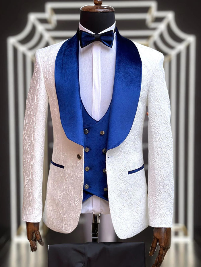 Wedding Premium Paisley Blue Velvet 4-Piece Suit with Matching Bow Tie