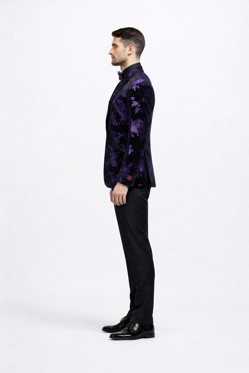 Mardi Gras Suit - Purple and Black Paisley Tuxedo Dinner Jacket + Matching Pants - Slim Fitted