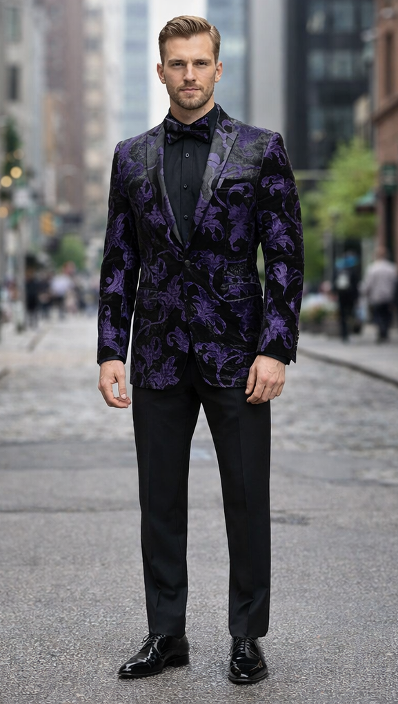 Mardi Gras Suit - Purple and Black Paisley Tuxedo Dinner Jacket + Matching Pants - Slim Fitted