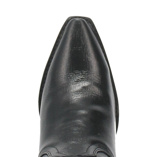 Dan Post Maria 13 Snip Toe boots: Black Napalino leather with a smooth finish. Features a pointed snip toe and curved shaft with subtle stitching. Slightly elevated heel for an elegant silhouette.