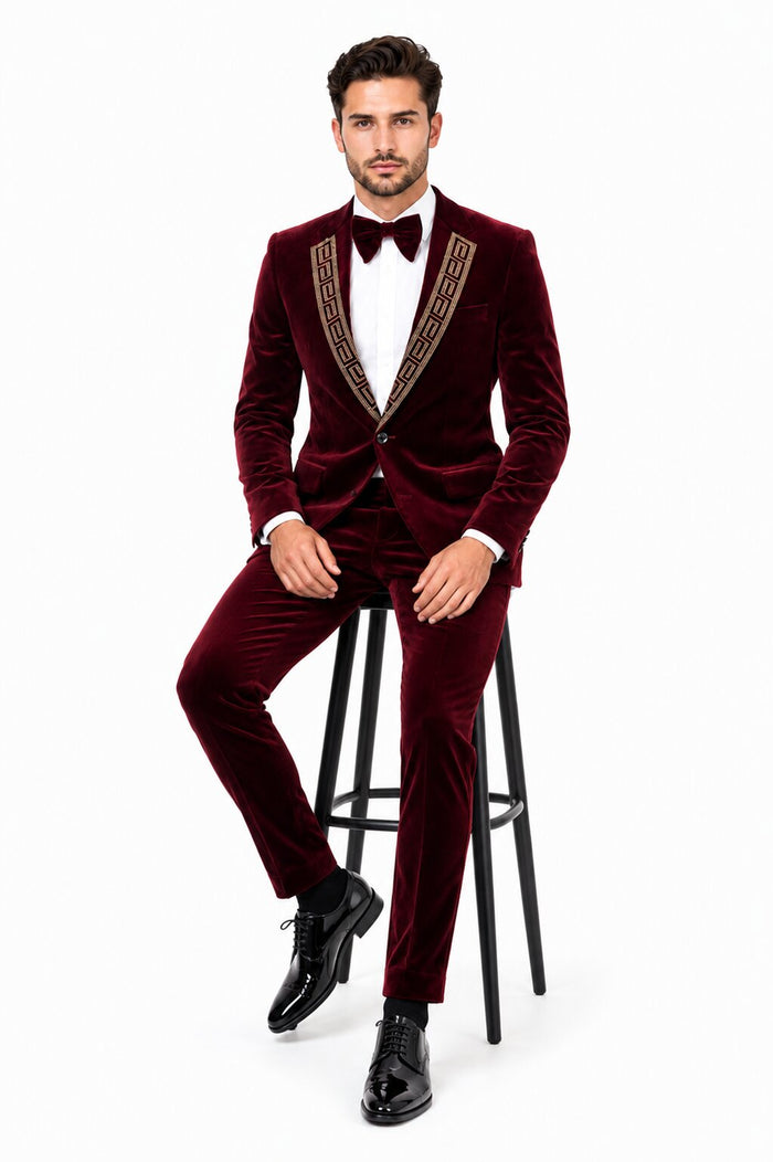 EJ Samuel Men's Burgundy Modern Fit Velvet Tuxedo with Gold Sequin Lapel