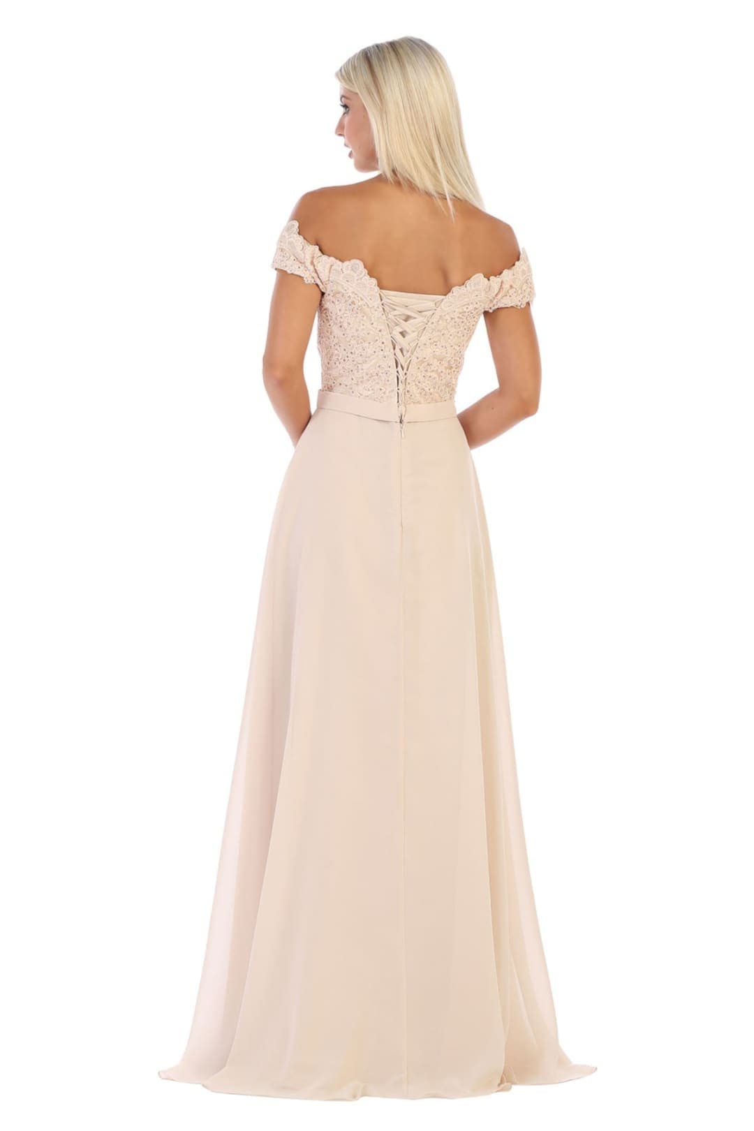 May Queen MQ1601 Off The Shoulder A-Line Corset Back Prom Gown