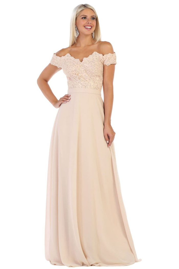 May Queen MQ1601 Off The Shoulder A-Line Corset Back Prom Gown