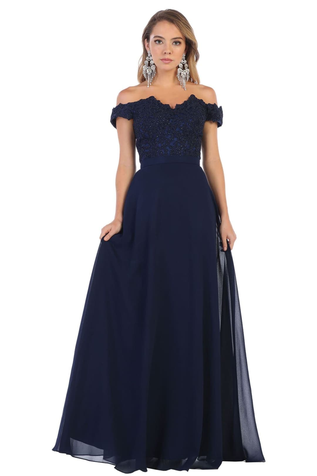 May Queen MQ1601 Off The Shoulder A-Line Corset Back Prom Gown