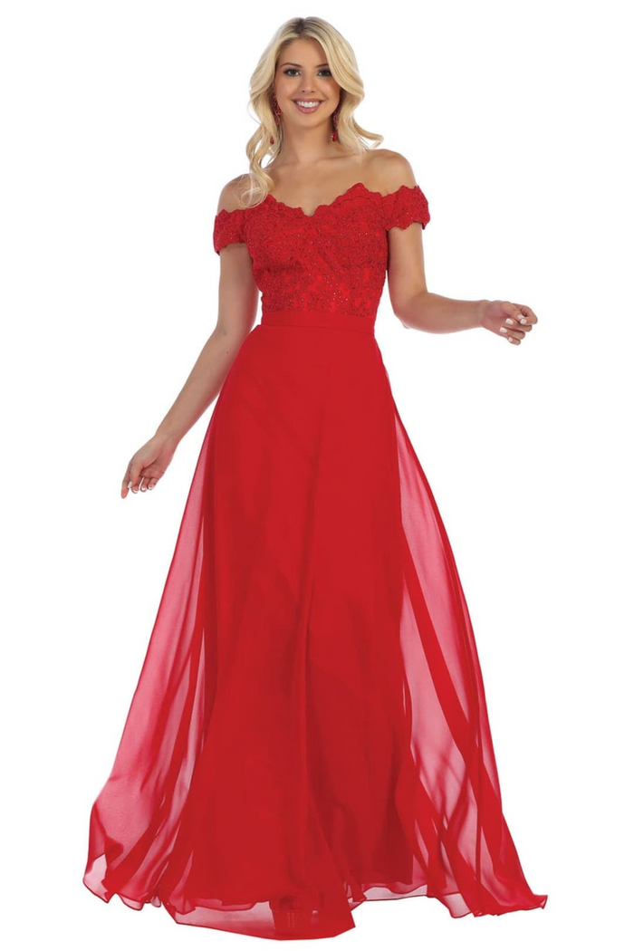May Queen MQ1601 Off The Shoulder A-Line Corset Back Prom Gown