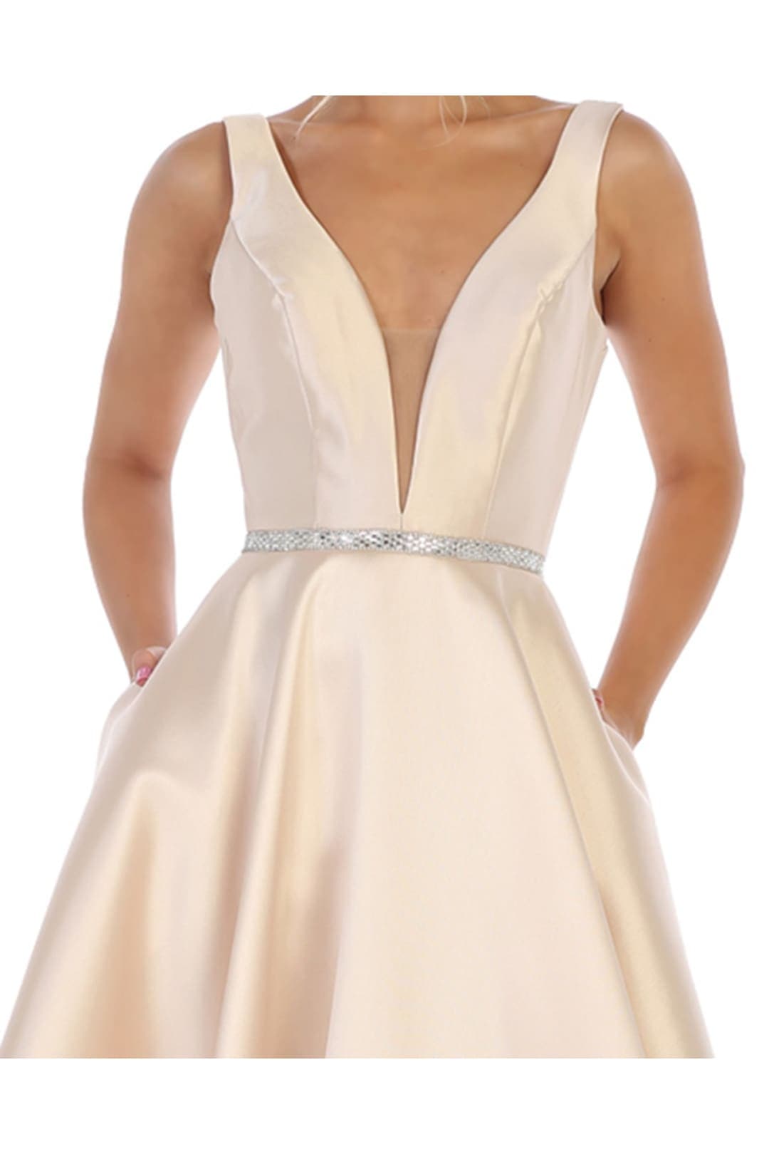 A Line Plunging V Neck Evening Gown Side Pockets Sleeveless Prom Dress