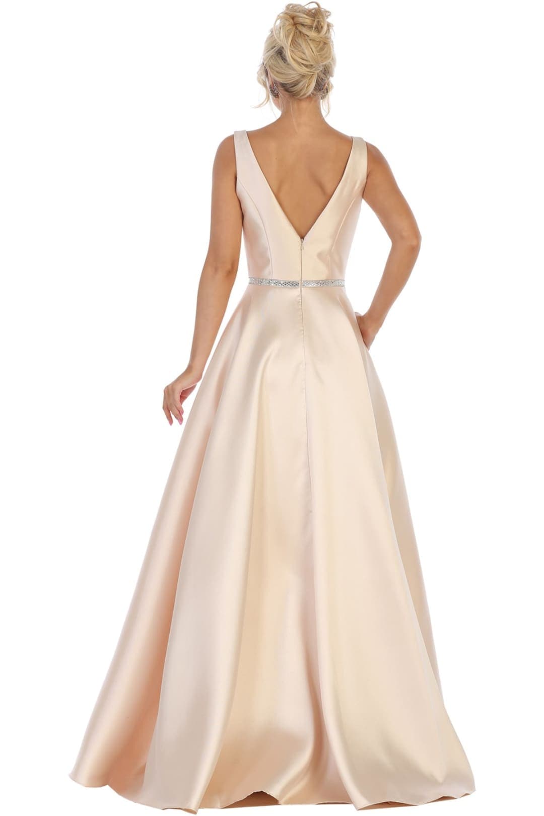 A Line Plunging V Neck Evening Gown Side Pockets Sleeveless Prom Dress