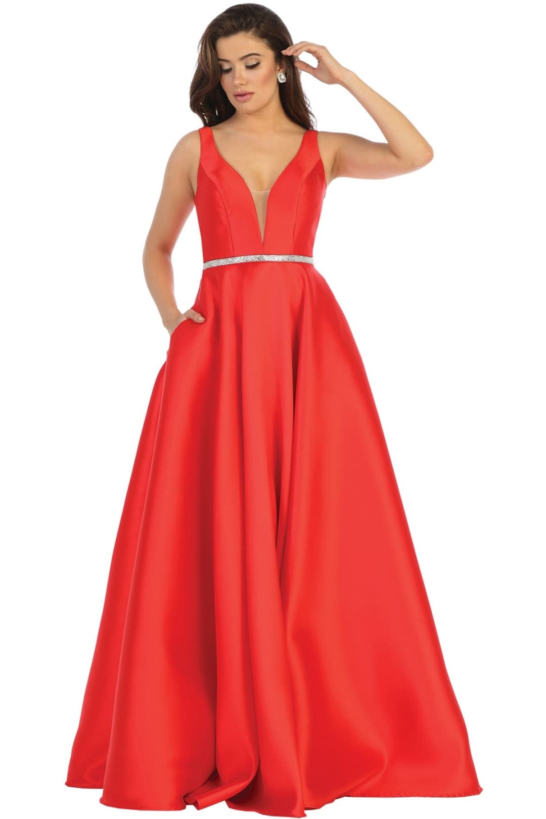 A Line Plunging V Neck Evening Gown Side Pockets Sleeveless Prom Dress