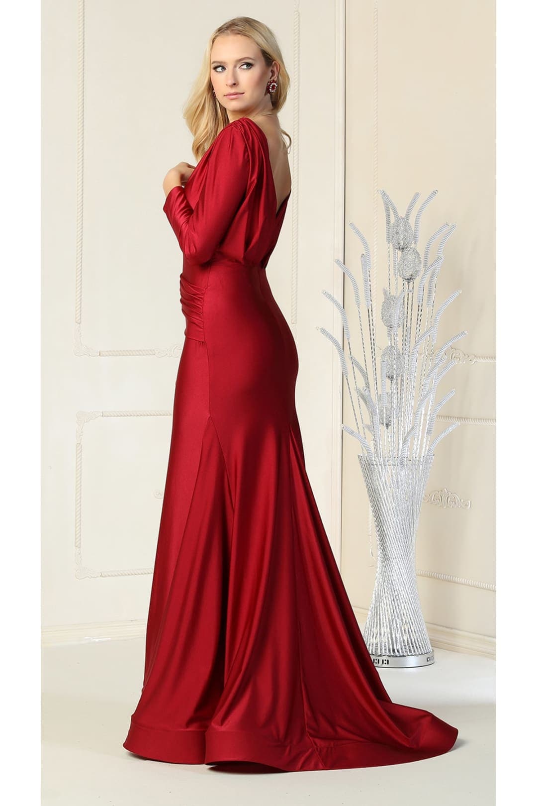 Long Sleeve Formal Gown Stretchy Bodycon Mermaid V-Neck Evening Dress