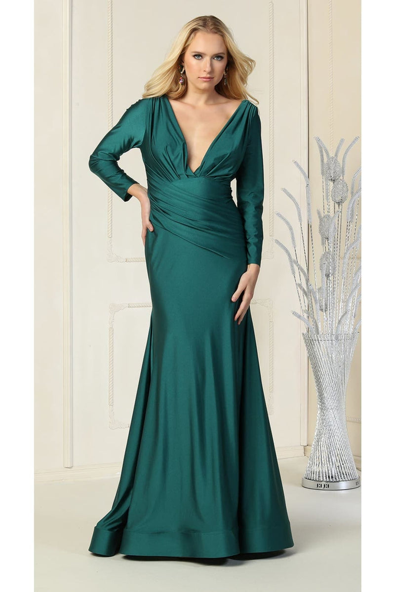 Long Sleeve Formal Gown Stretchy Bodycon Mermaid V-Neck Evening Dress