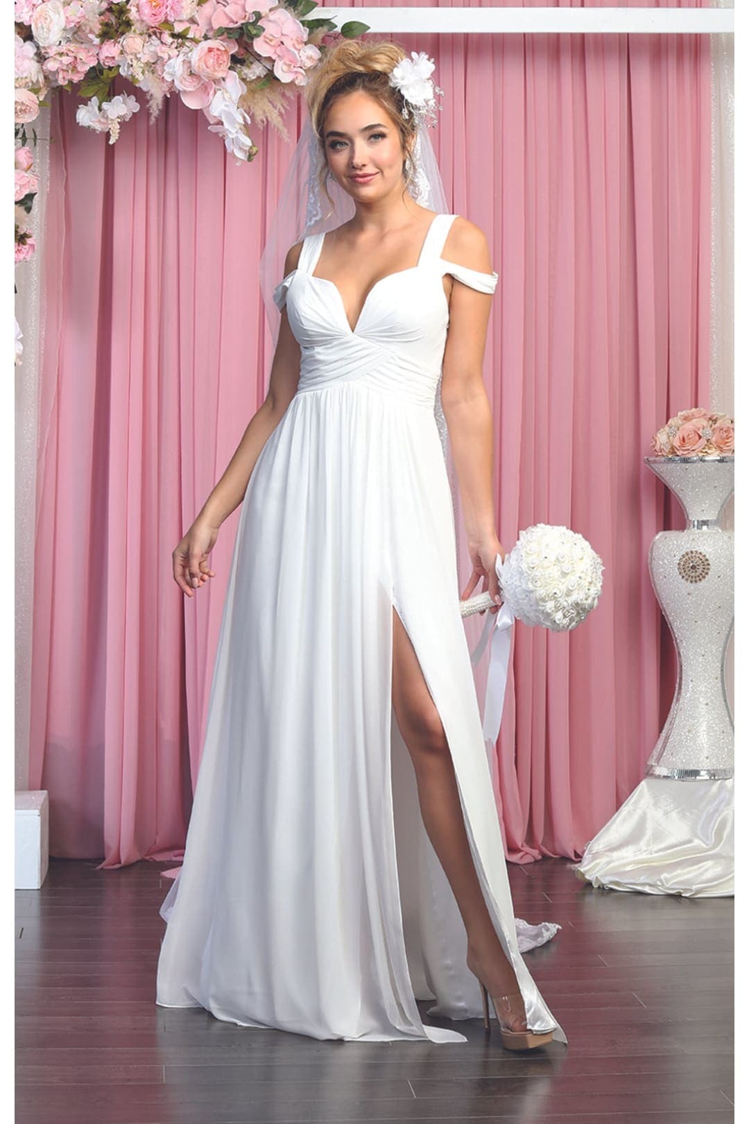 Long Slit Pleated Bridesmaids Cold Shoulder Dress MQ1848