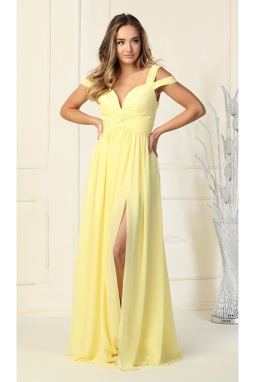 Long Slit Pleated Bridesmaids Cold Shoulder Dress MQ1848