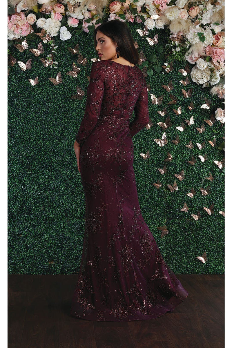 May Queen MQ1850 Long Sleeve Mesh Mermaid Glitter Formal Evening Gown