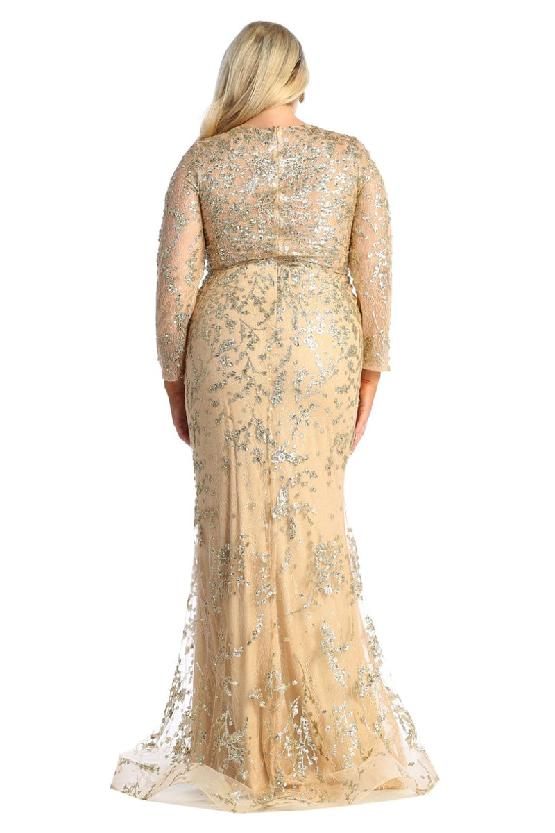 May Queen MQ1850 Long Sleeve Mesh Mermaid Glitter Formal Evening Gown