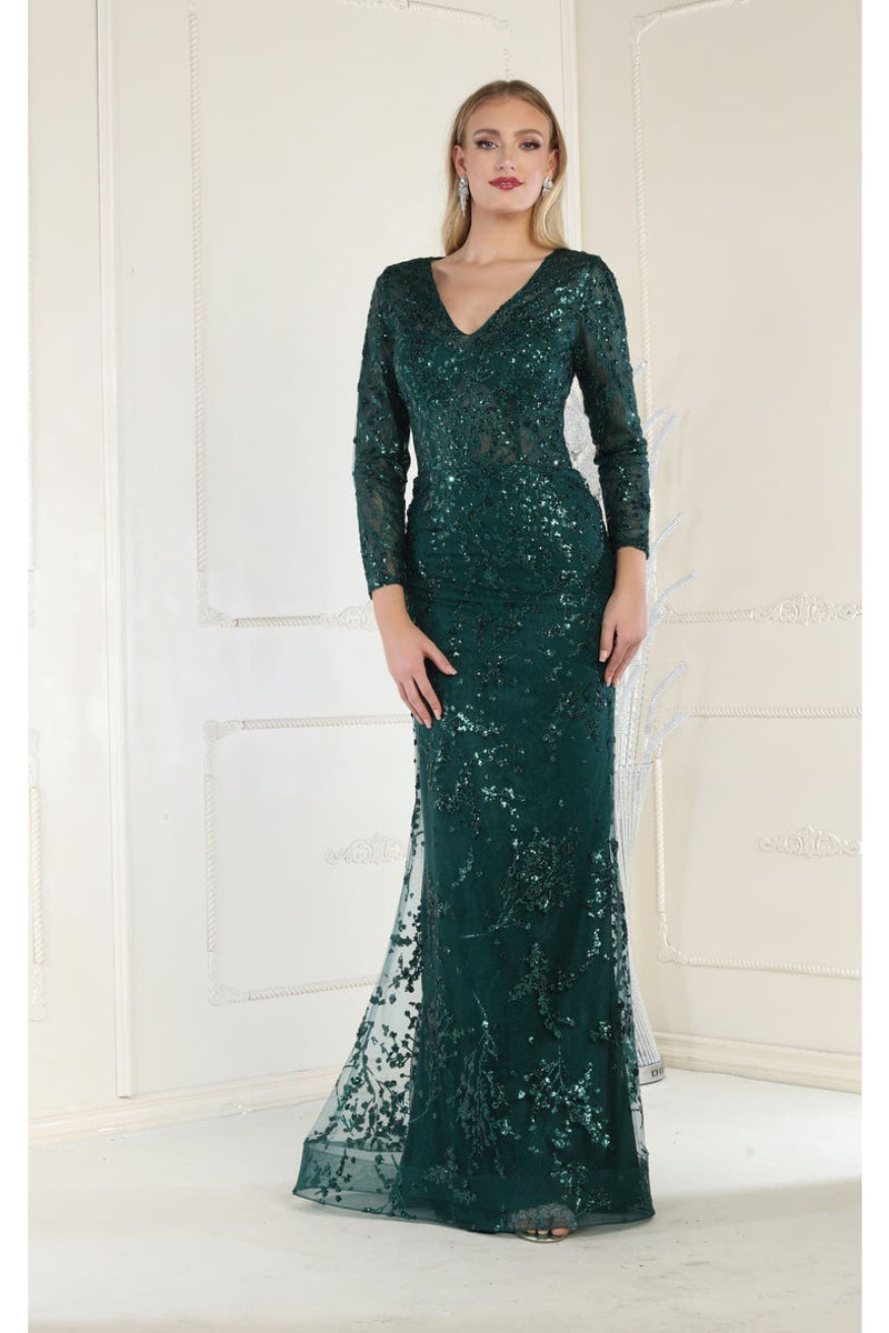 May Queen MQ1850 Long Sleeve Mesh Mermaid Glitter Formal Evening Gown
