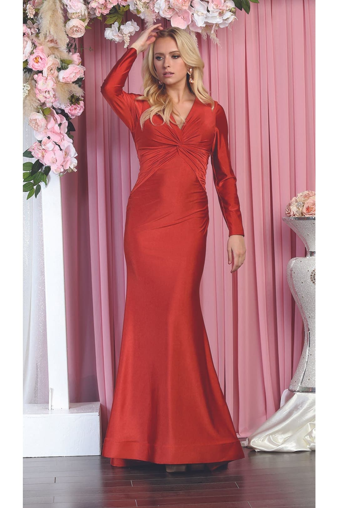 Long Sleeve Stretchy V-neckline Bodycon Evening Gown