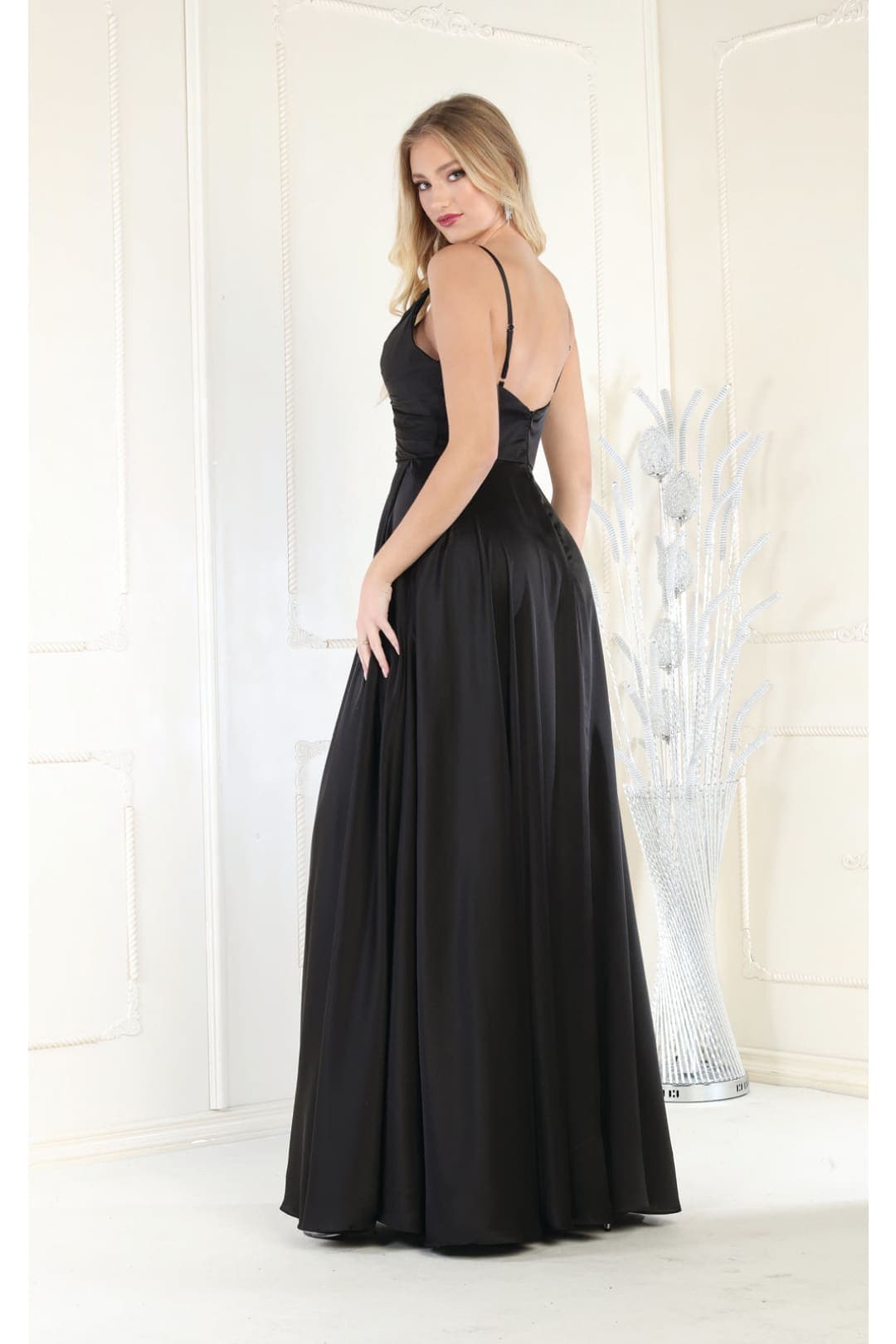 Long Simple Prom Dress V-Neck A-Line Satin Slit Formal Evening Gown by MQ1945