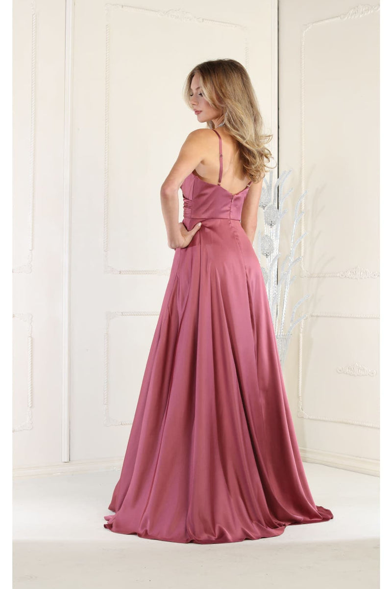 Long Simple Prom Dress V-Neck A-Line Satin Slit Formal Evening Gown by MQ1945