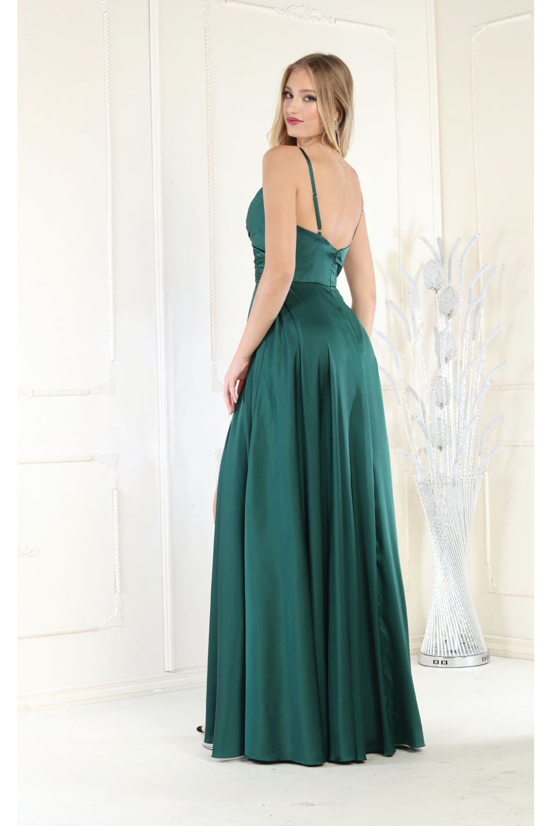 Long Simple Prom Dress V-Neck A-Line Satin Slit Formal Evening Gown by MQ1945