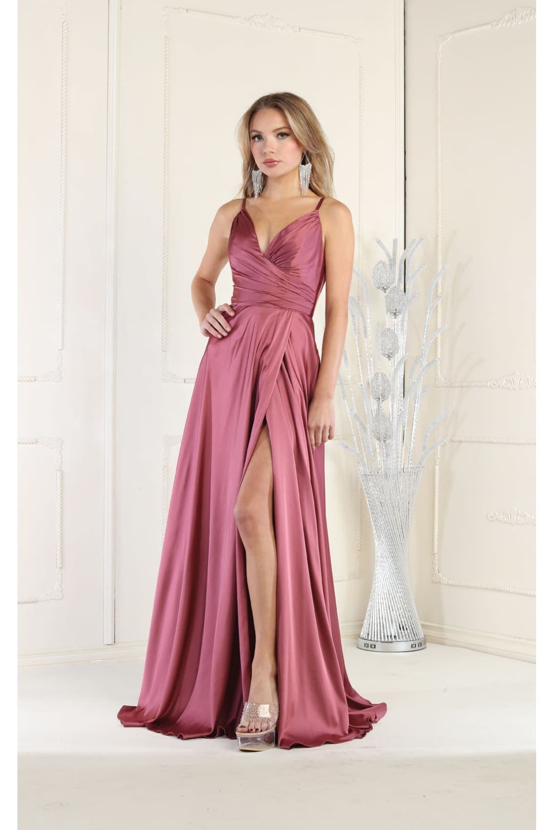 Long Simple Prom Dress V-Neck A-Line Satin Slit Formal Evening Gown by MQ1945