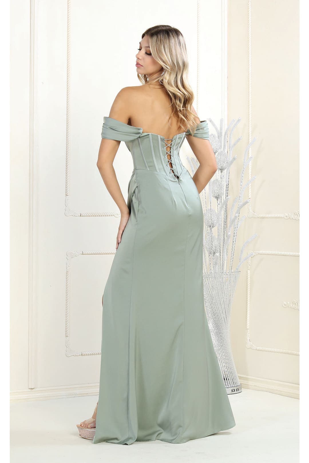 May Queen MQ1953 Off The Shoulder High Slit Corset Formal Evening Gown