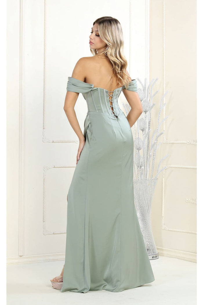 May Queen MQ1953 Off The Shoulder High Slit Corset Formal Evening Gown