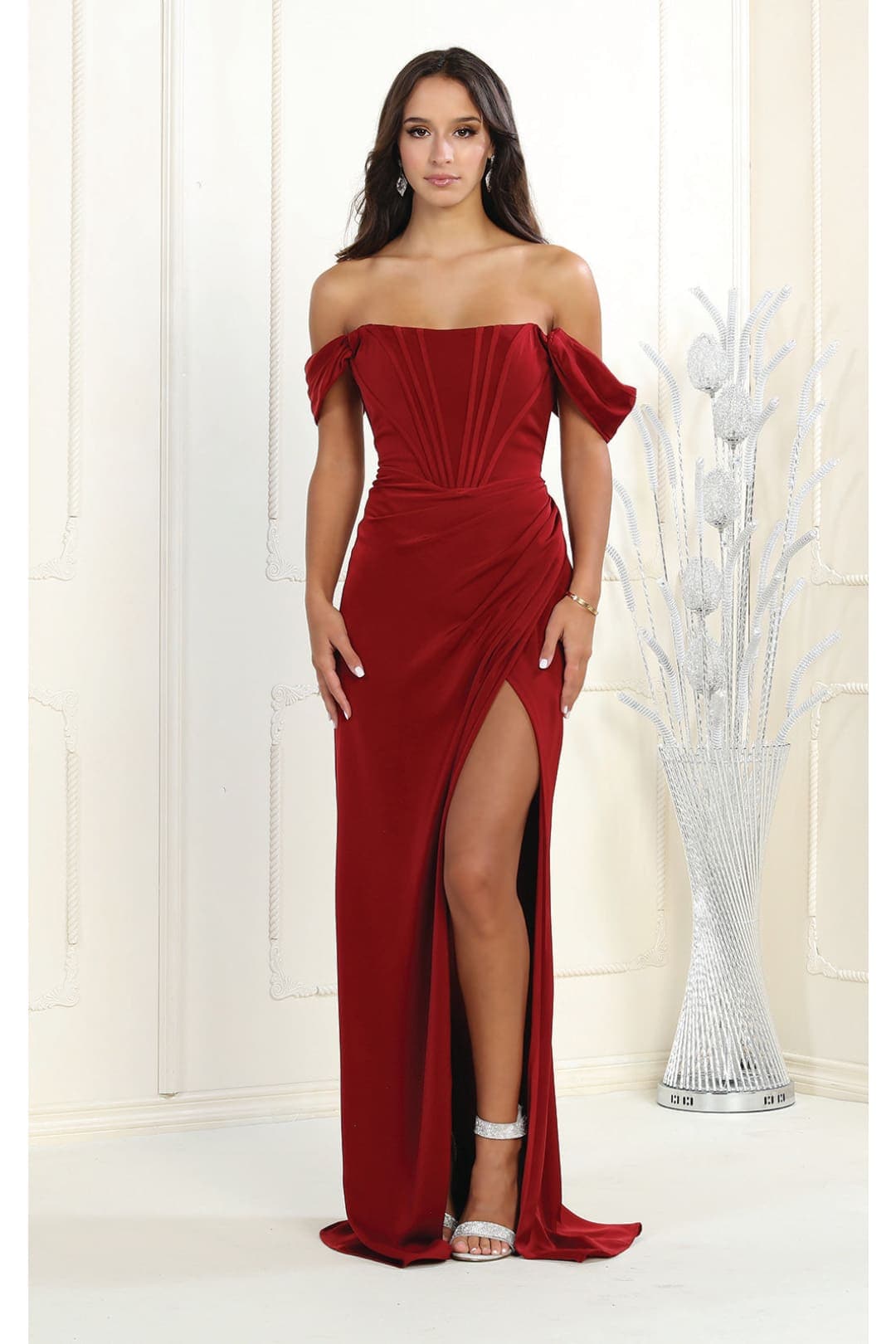 May Queen MQ1953 Off The Shoulder High Slit Corset Formal Evening Gown