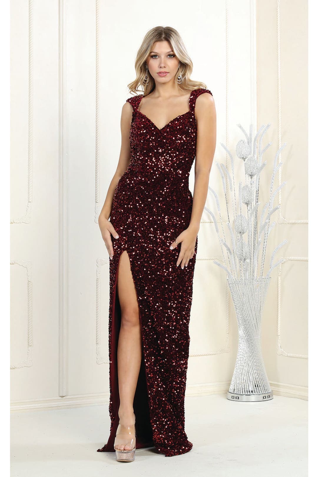 May Queen MQ1957 Off Shoulder V-Neck Long Sequin Dress