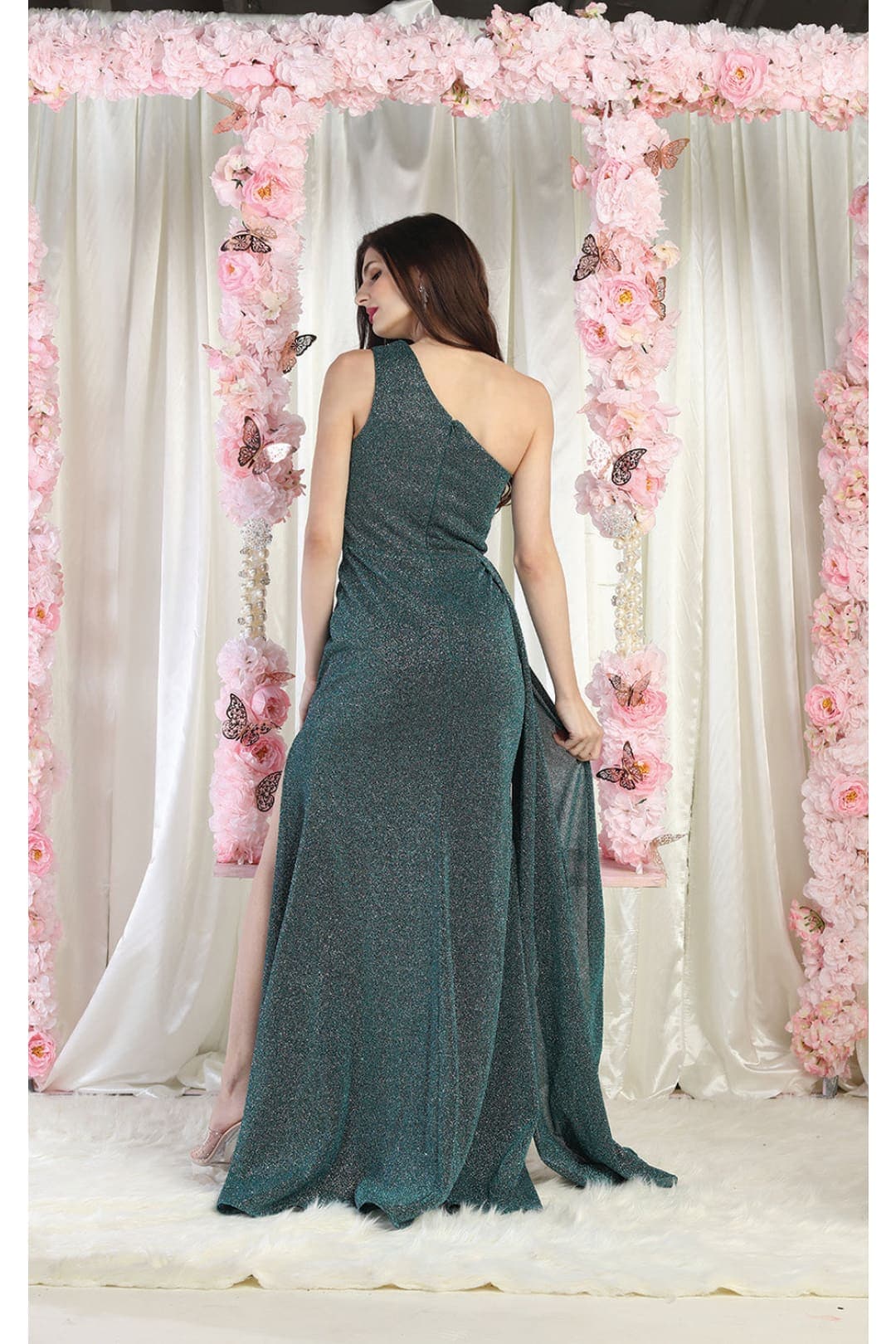 May Queen MQ1976 One Shoulder Prom Gown with Side Cape
