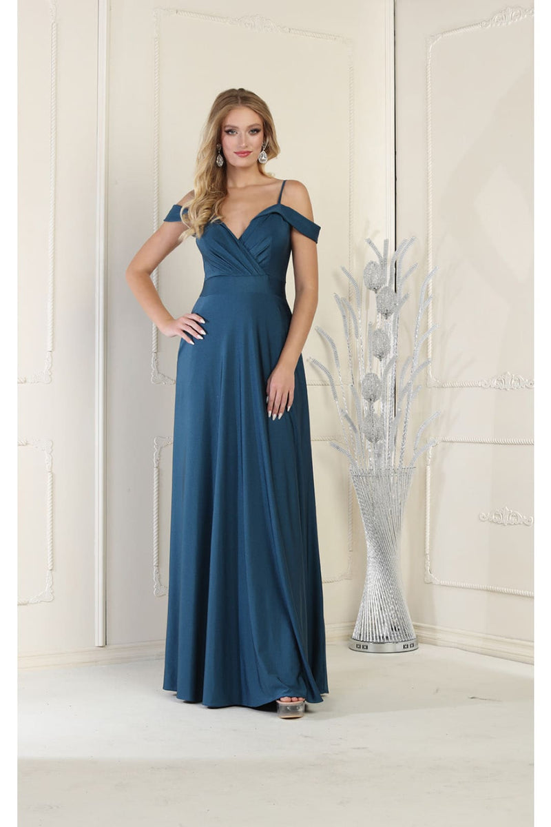 May Queen MQ1988 V-Neck Cold Shoulder Ruched Long A-Line Dress